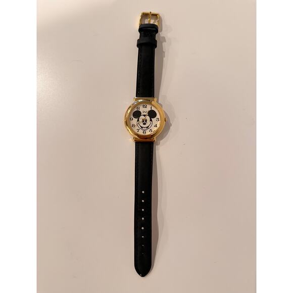 VTG Jaz Mickey Mouse Watch Face Disney Black Leather Band Movt Japan WORKS - Picture 1 of 7